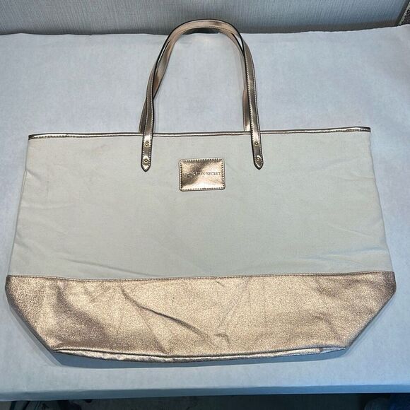 Victoria's Secret VS Canvas Tote Bag Large Metallic Rose Gold Double Strap Zip - Picture 1 of 7